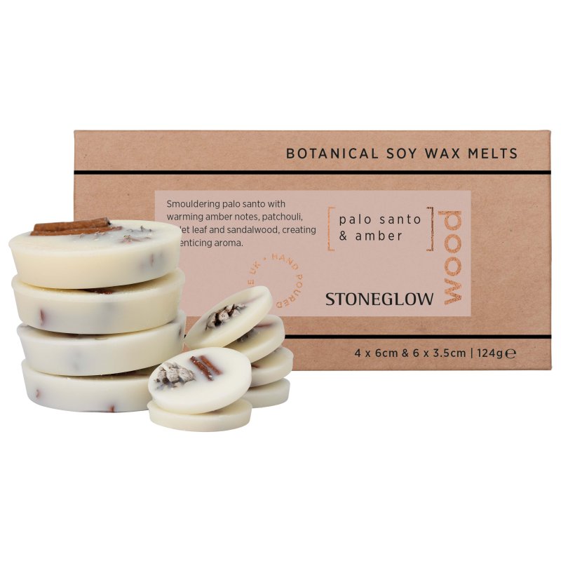 Stoneglow Wood Elements Palo Santo & Amber Botanical Soy Wax Melts image of the wax melts and packaging on a white background