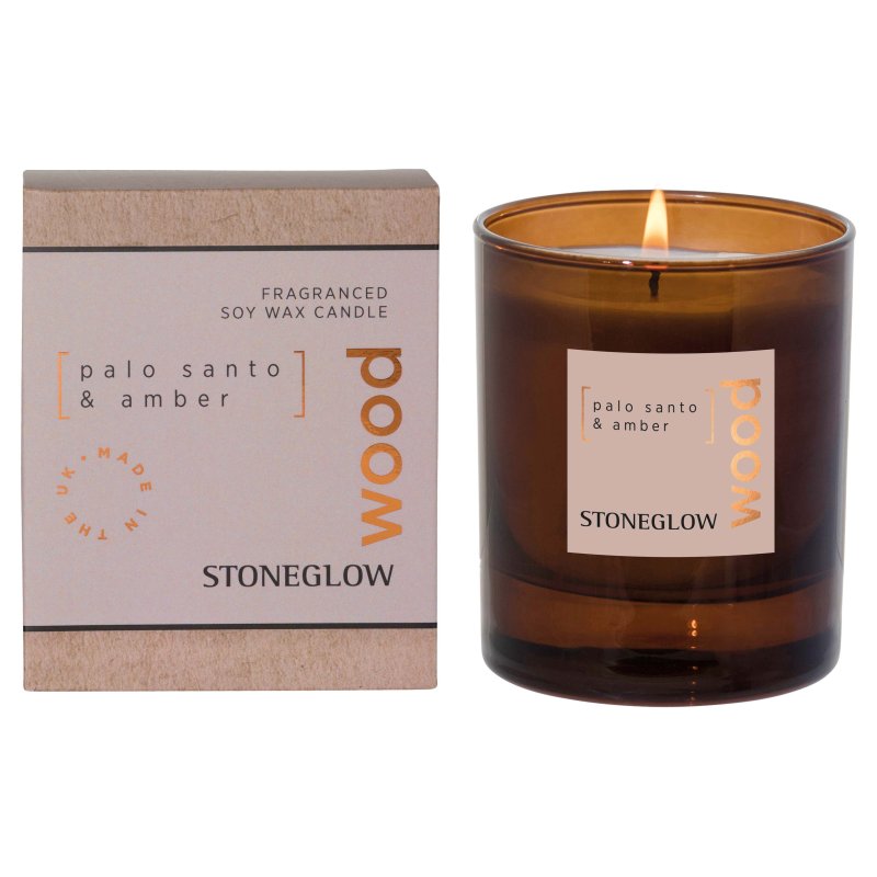 Stoneglow Wood Elements Palo Santo & Amber Soy Wax Scented Candle image of the candle with packaging on a white background