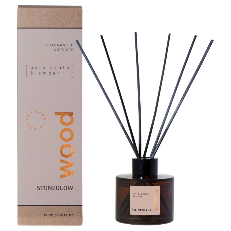 Stoneglow Wood Elements Palo Santo & Amber Reed Diffuser image of the diffuser with packaging on a white background