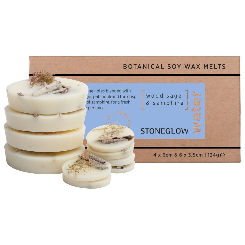 Stoneglow Water Elements Wood Sage & Samphire Botanical Soy Wax Melts image of the wax melts with packaging on a white backgr