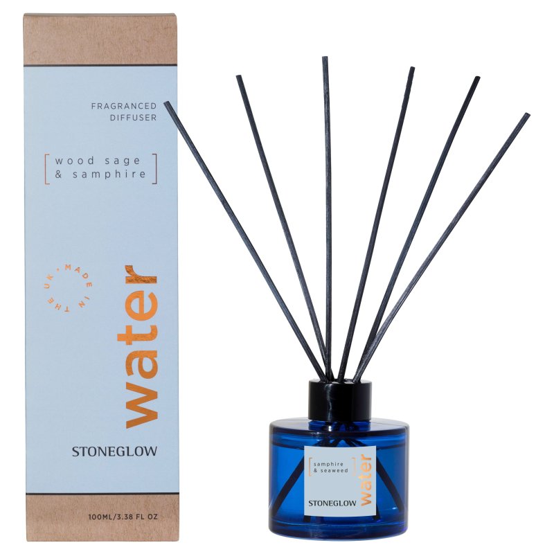 Stoneglow Water Elements Wood Sage & Samphire Reed Diffuser image of the diffuser and packaging on a white background