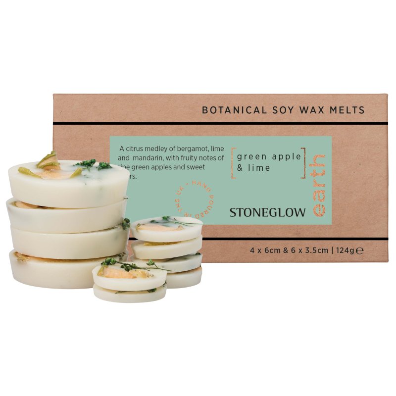 Stoneglow Earth Elements Green Apple & Lime Botanical Soy Wax Melts image of the wax melts and packaging on a white backgroun