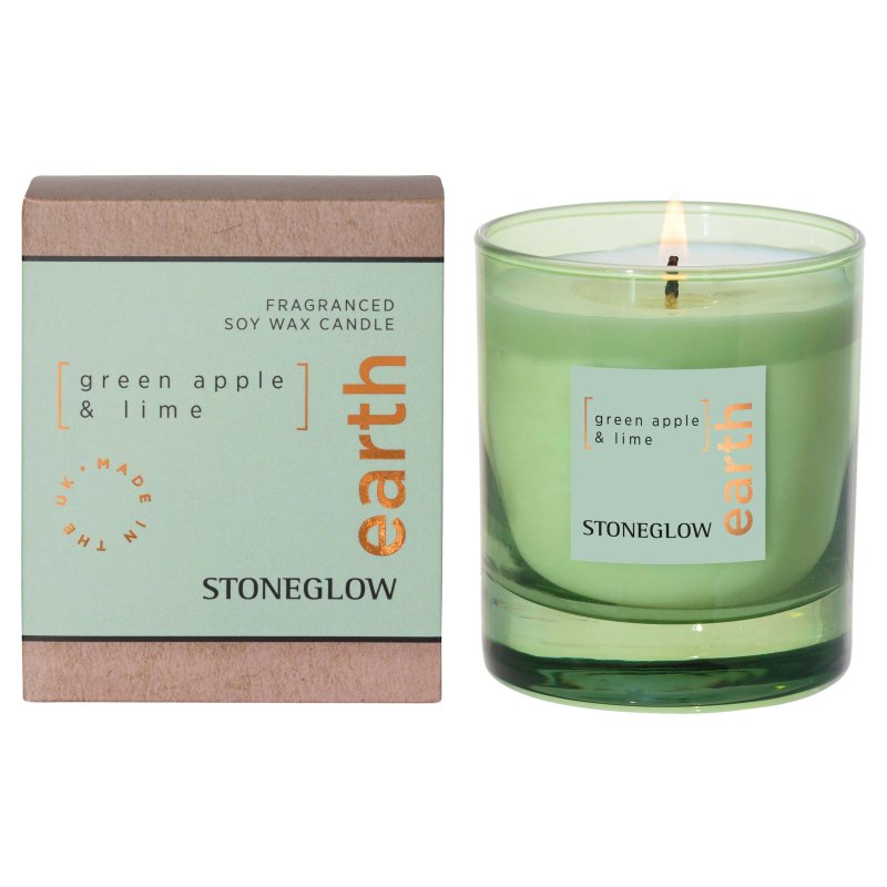Stoneglow Earth Elements Green Apple & Lime Soy Wax Scented Candle image of the candle and packaging on a white background