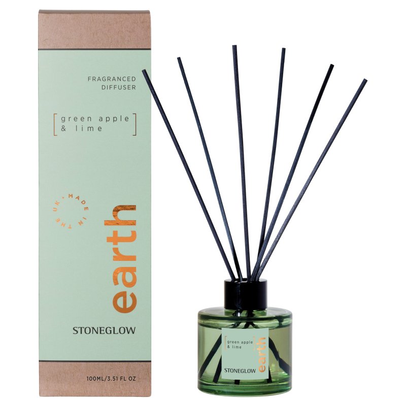 Stoneglow Earth Elements Green Apple & Lime Reed Diffuser image of the diffuser and packaging on a white background