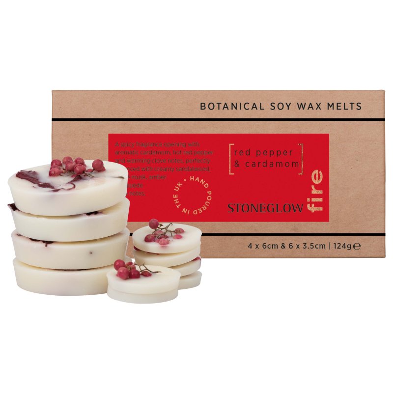 Stoneglow Fire Elements Red Pepper & Cardamom Botanical Soy Wax Melts image of the wax melts with packaging on a white backgr