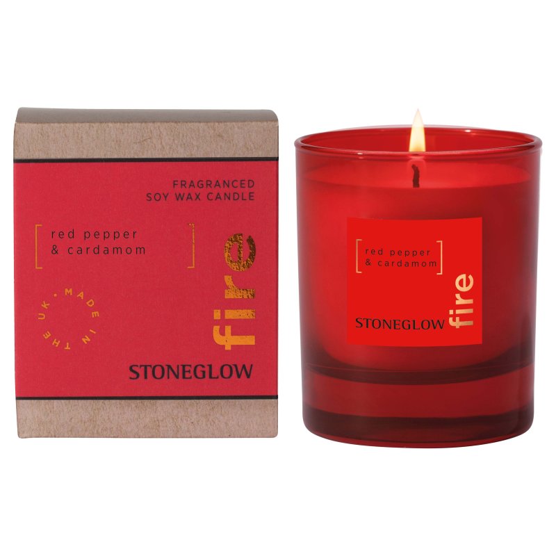 Stoneglow Fire Elements Red Pepper & Cardamom Soy Wax Scented Candle image of the candle and packaging on a white background
