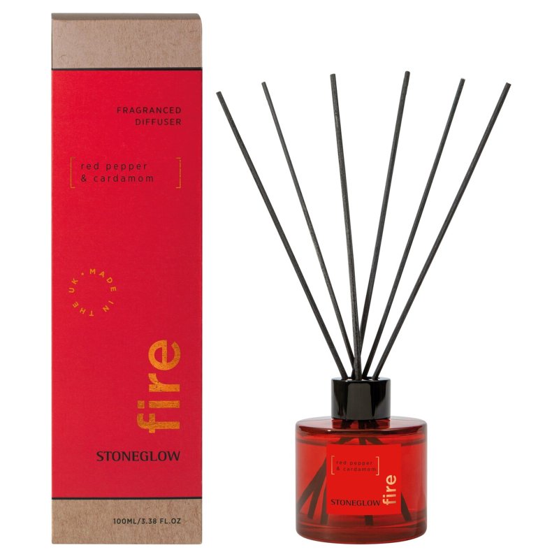 Stoneglow Fire Elements Red Pepper & Cardamom Reed Diffuser image of the diffuser with packaging on a white background