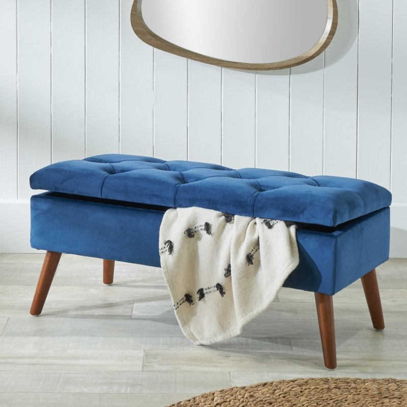Sapphire Blue Velvet Buttoned Storage Bench Footstool lifestyle image of the bench