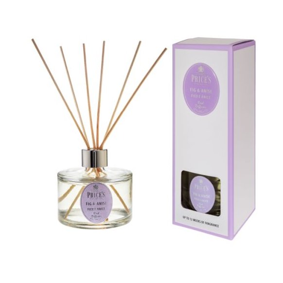 Price's Candles Signature 250ml Fig & Anise Reed Diffuser image of the diffuser and packaging on a white background