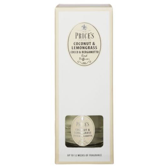 Price's Candles Signature 250ml Coconut & Lemongrass Reed Diffuser front on image of the packaging on a white background