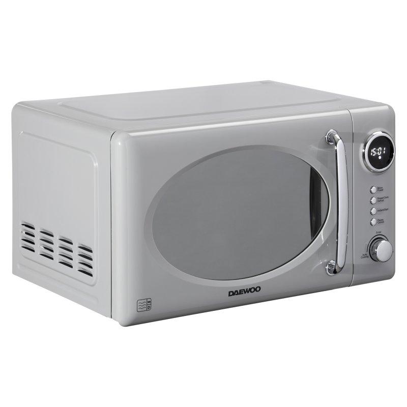 Daewoo Kensington Grey 20L 800w Microwave angled image of the microwave on a white background