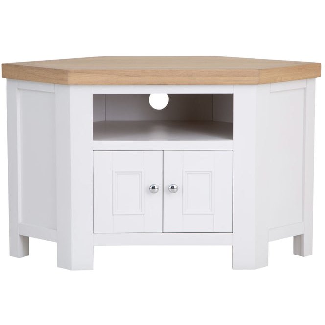 Holkham Oak Corner TV Unit front on image of the unit on a white background