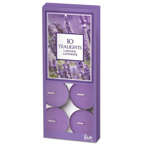 Price's Candles Petali Pack Of 25 Lavender Tealights image of the tealights in packaging on a white background
