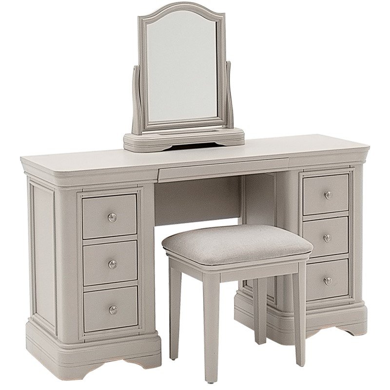 Mabel Taupe Vanity Mirror image of the vanity mirror with dressing table and stool on a white background