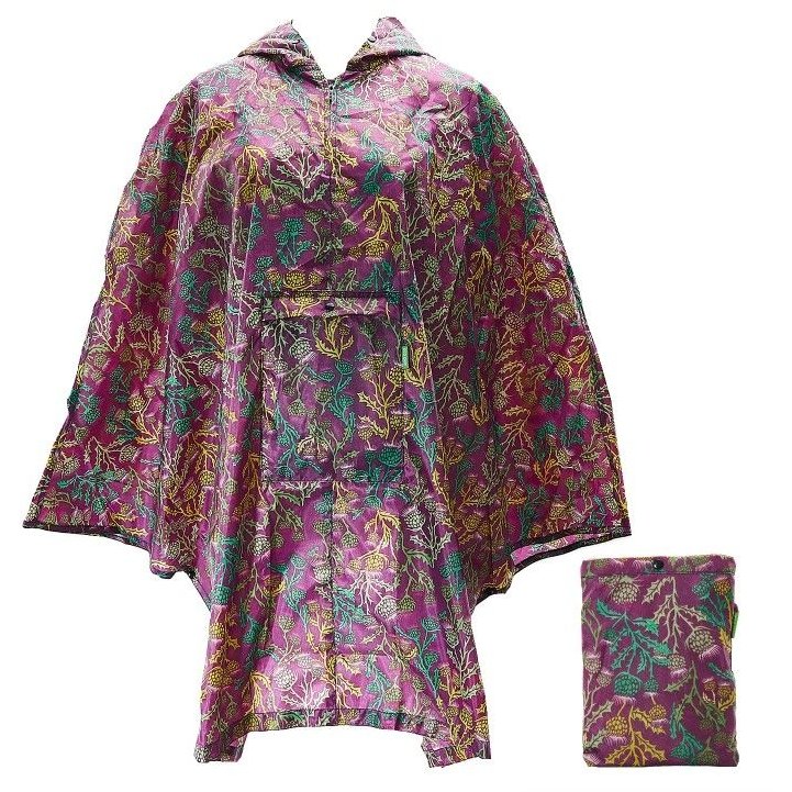 Eco Chic Waterproof Adult Purple Thistle Foldable Poncho image of the poncho and it folded up on a white background