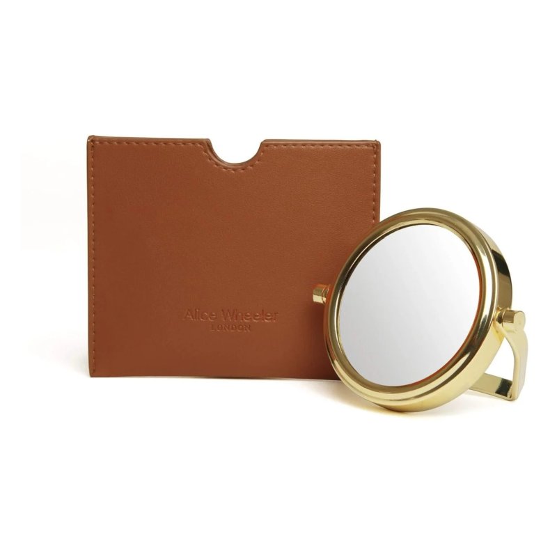 Alice Wheeler Tan Venice Mirror & Pouch image of the mirror and the pouch on a white background