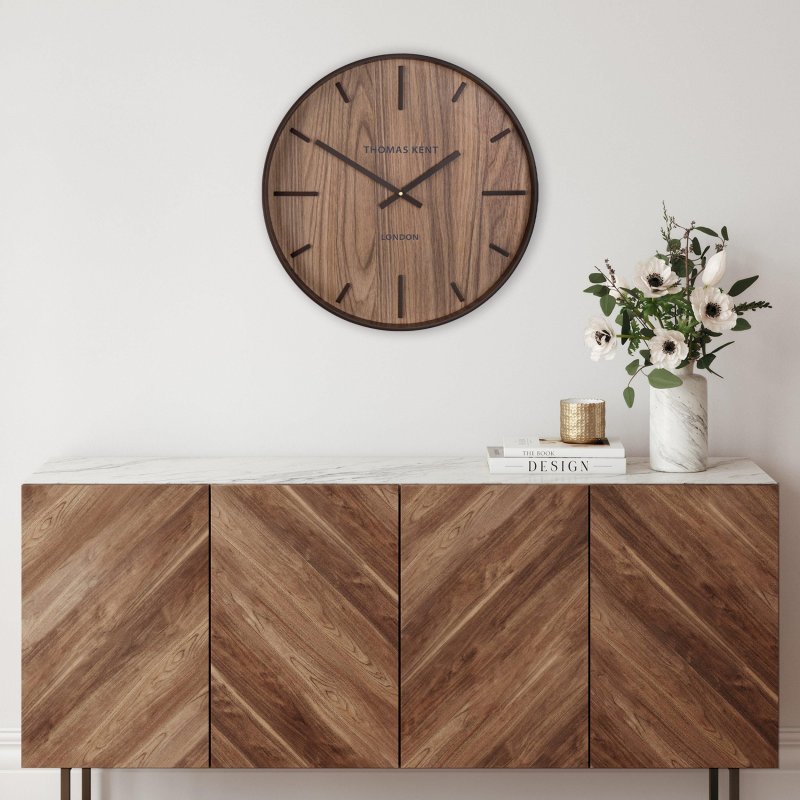Thomas Kent Woodstock 20" Elm Wall Clock lifestyle image of the clock on a white background