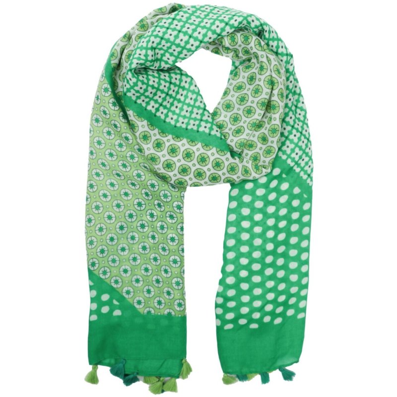 Zelly Green Multi Pattern Scarf image of the scarf on a white background