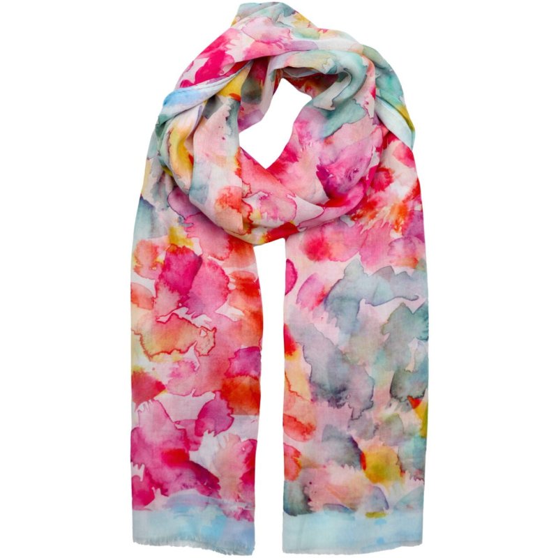 Zelly Hot Pink Watercolour Splashes Scarf image of the scarf on a white background