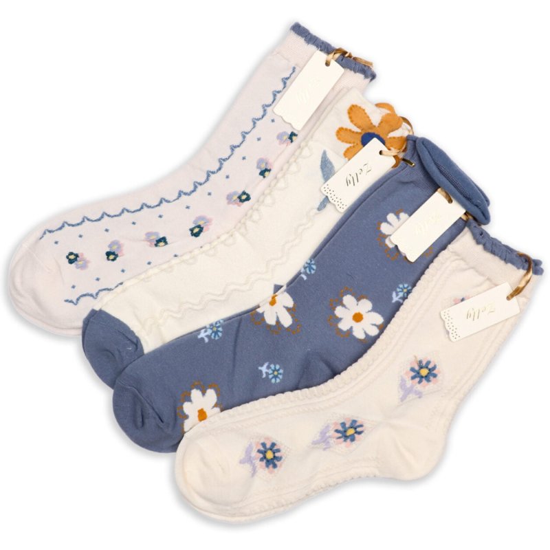 Zelly Blue Flower Socks image of the assorted socks on a white background