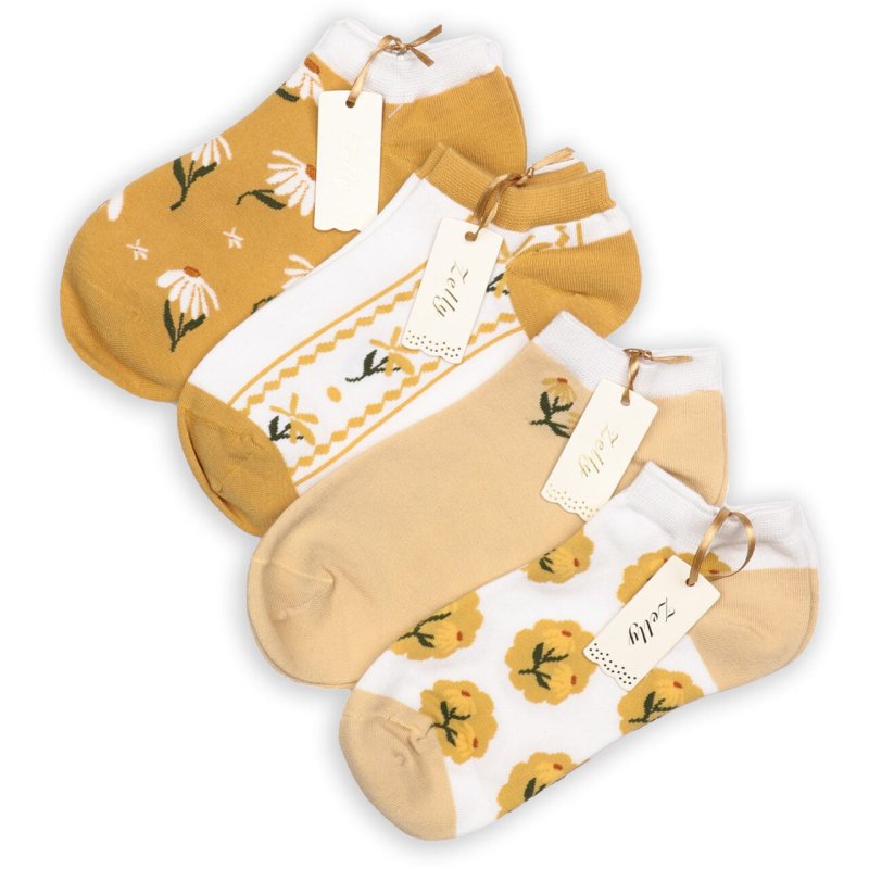 Zelly Mustard Flower Trainer Socks image of the assorted socks on a white background