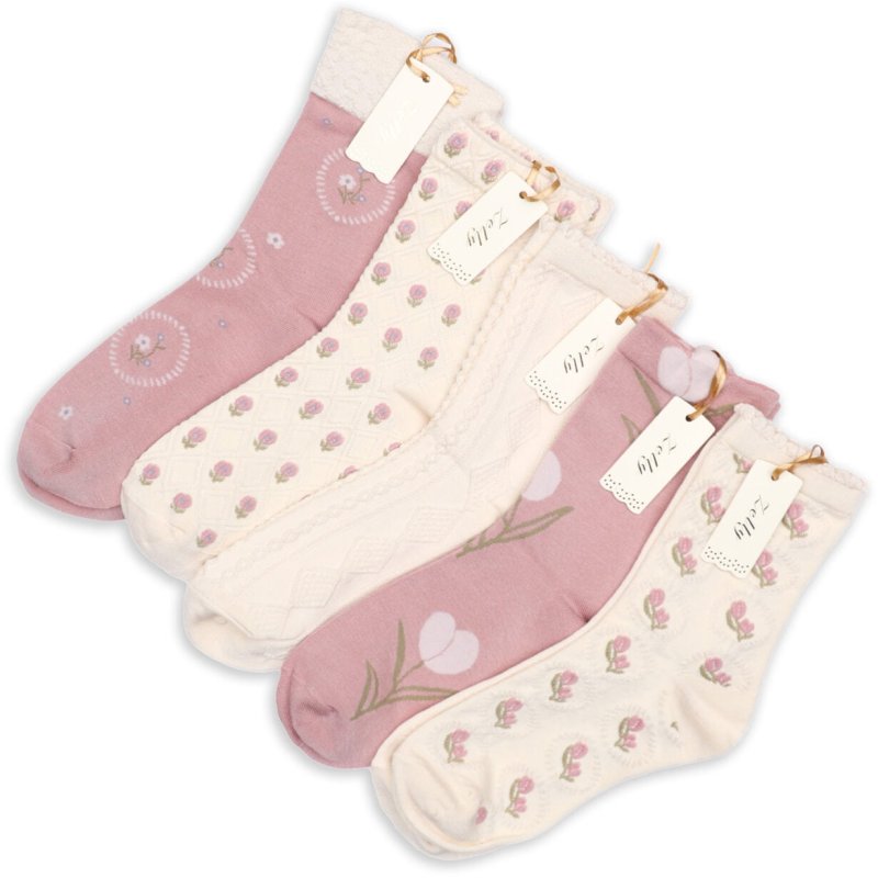 Zelly Pink Flower Socks image of the assorted socks on a white background