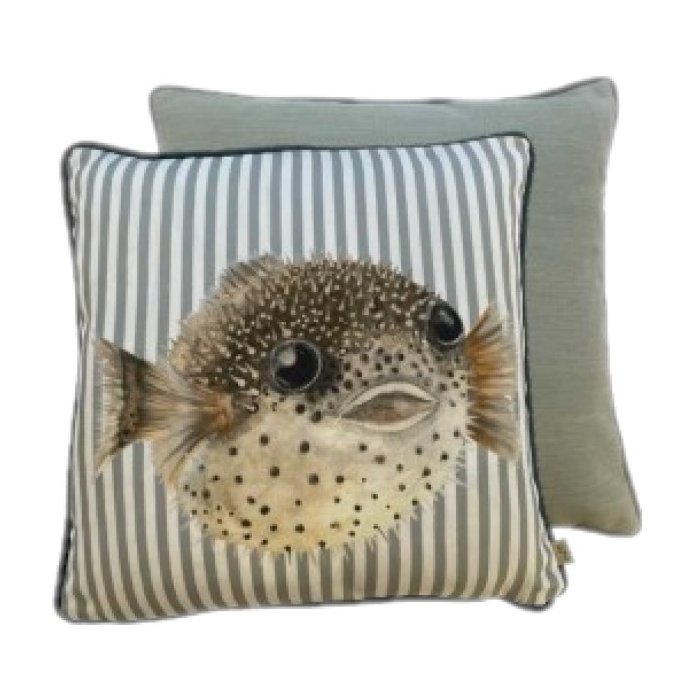 Riva Home Salcombe Puffer Fish Multicolour Cushion image of the front and the back of the cushion on a white background