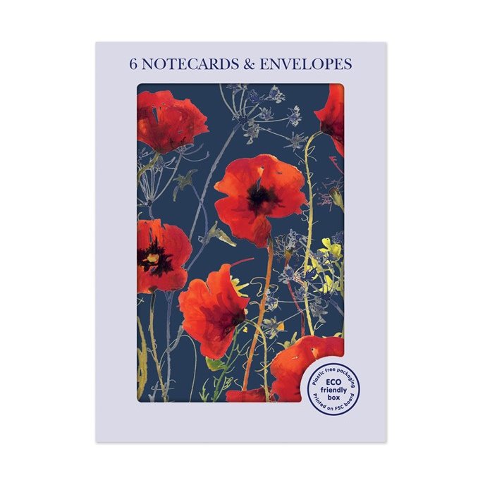 Otter House Watercolour Poppies Pack Of 6 Mini Notecards image of the notecards in packaging on a white background