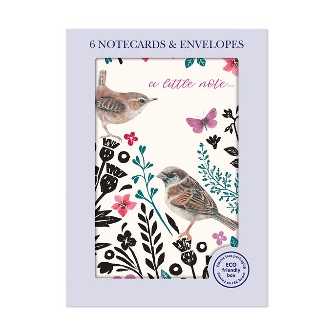 Otter House Floral Birds Pack Of 6 Mini Notecards image of the notecards in packaging on a white background