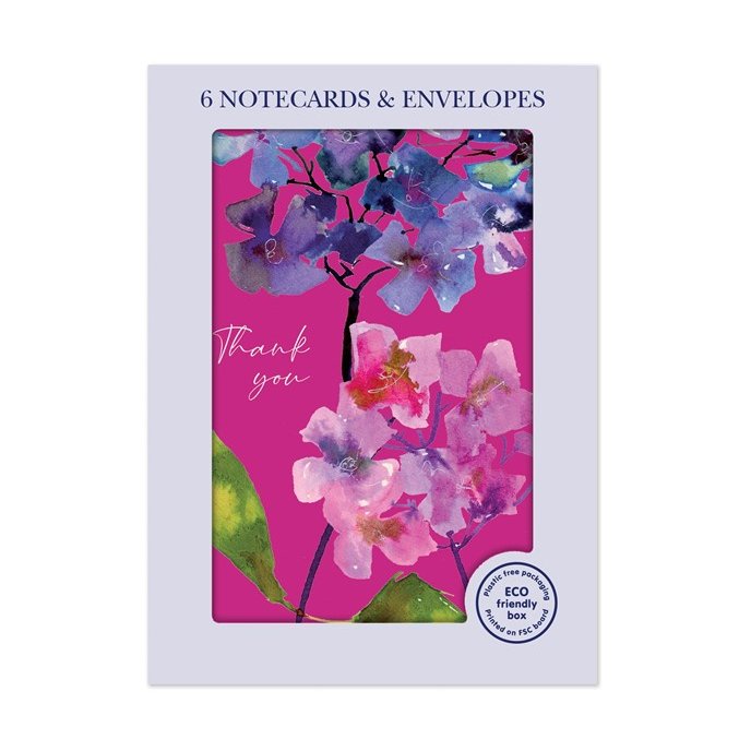 Otter House Watercolour Hydrangeas Pack Of 6 Mini Notecards image of the notecards in packaging on a white background
