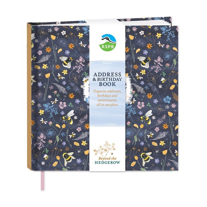 Otter House RSPB Bees Amongst Flowers Address & Birthday Book image of the book in packaging on a white background