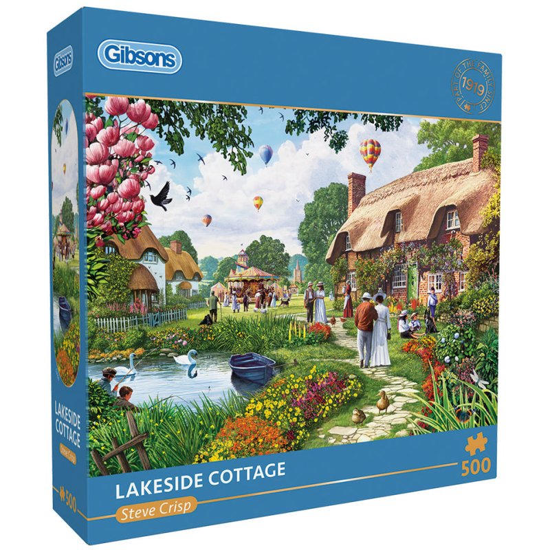 Gibsons Lakeside Cottage 500 Piece Puzzle image of the puzzle box on a white background