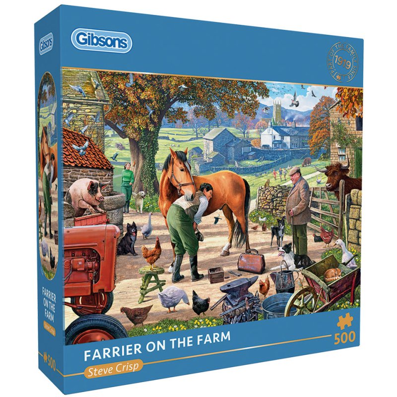 Gibsons Farrier On The Farm 500 Piece Puzzle image of the puzzle box on a white background