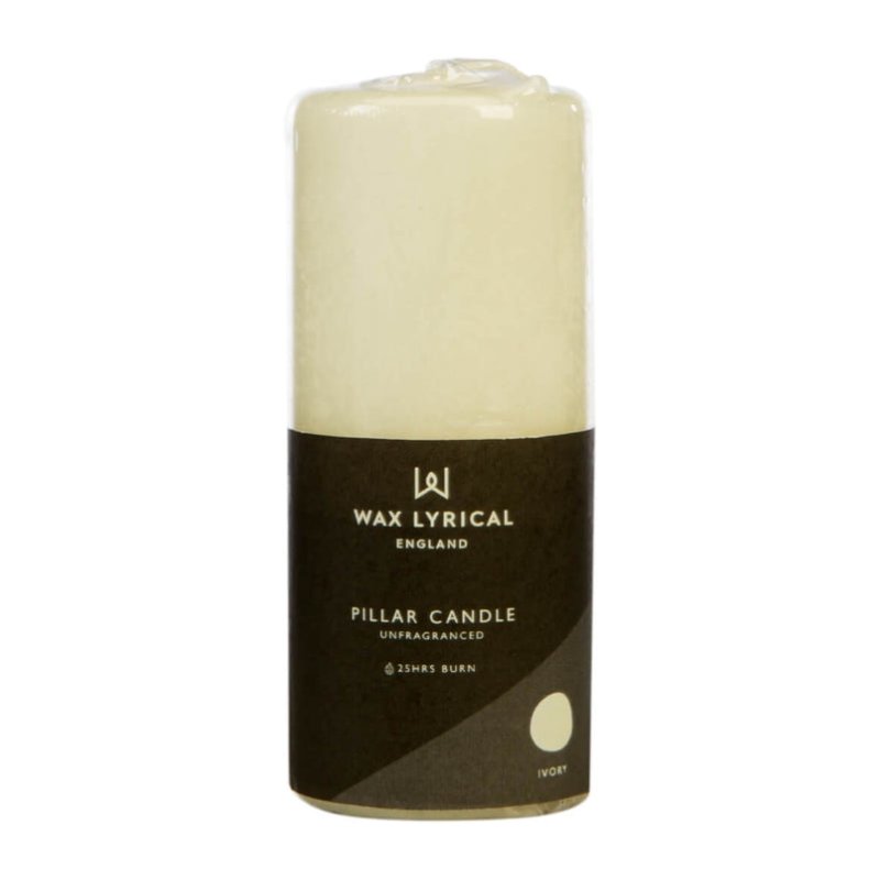 Wax Lyrical Unfragranced Ivory Pillar Candle image of the candle in packaging on a white background