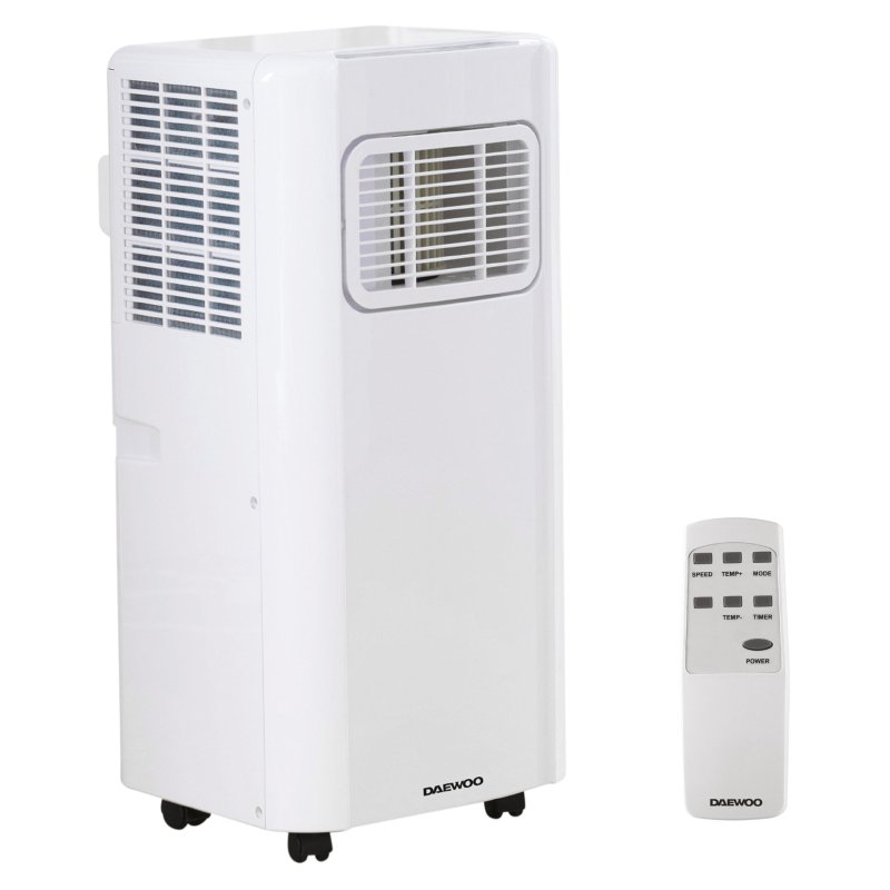 Daewoo 900 BTU Portable Air Conditioner image of the air conditioner and controller on a white background