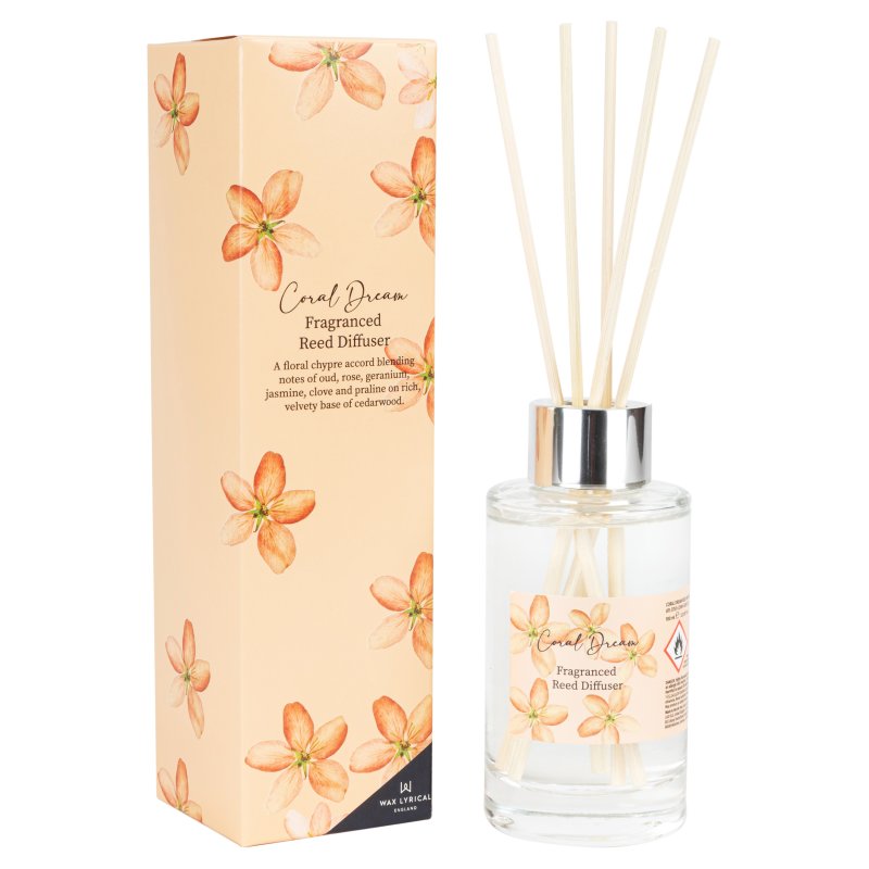 Colony Essentials Coral Dream Reed Diffuser image of the reed diffuser with packaging on a white background
