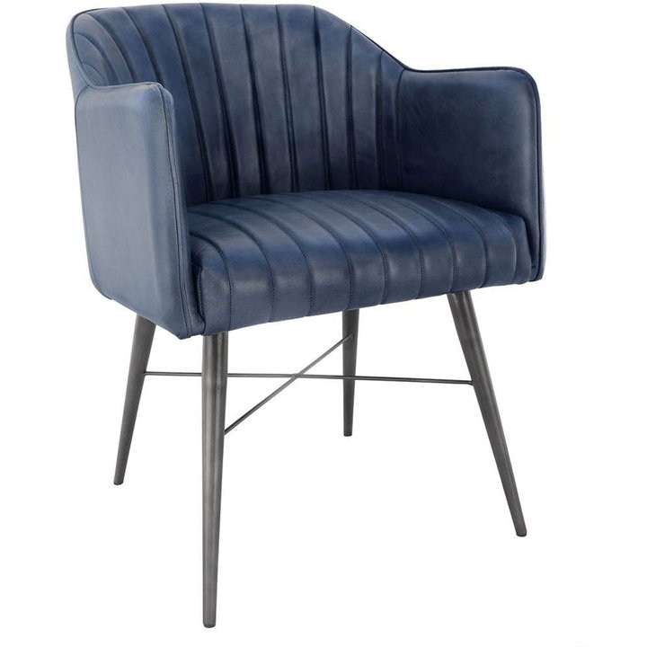 Leather & Iron Carver Tub Chair In Blue angled image of the chair on a white background