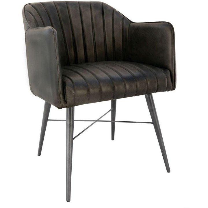 Leather & Iron Carver Tub Chair In Dark Grey angled image of the chair on a white background
