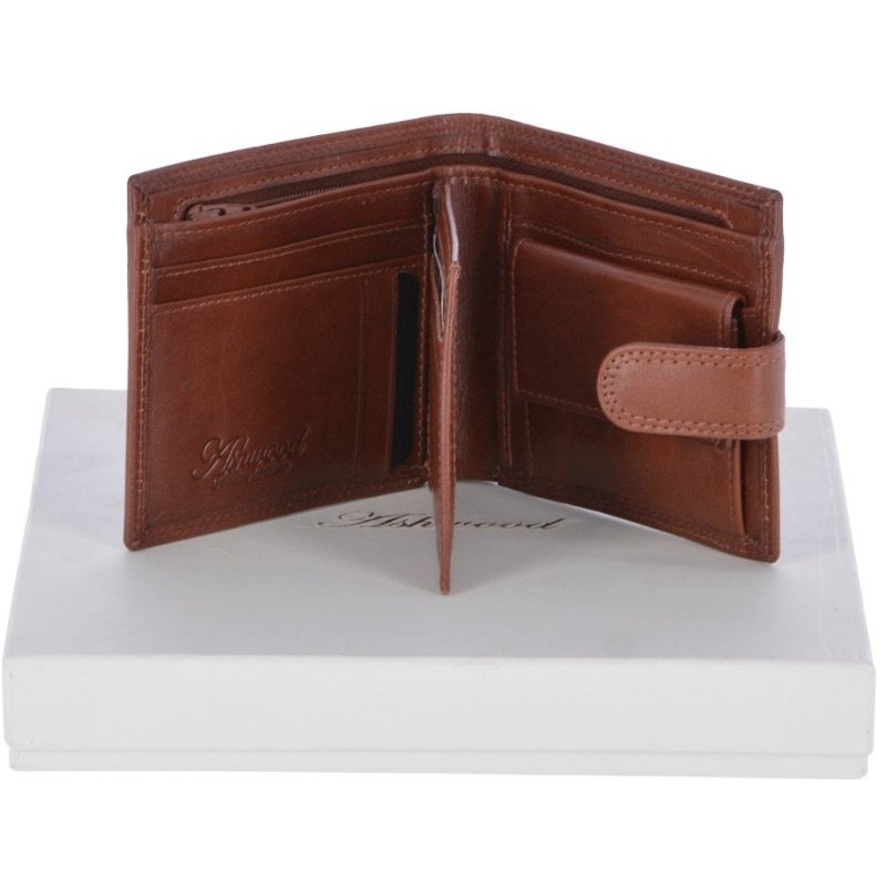 Fonz Leather Mens 8 Card ID Coins And Zip Billfold Tab Wallet Tan Front