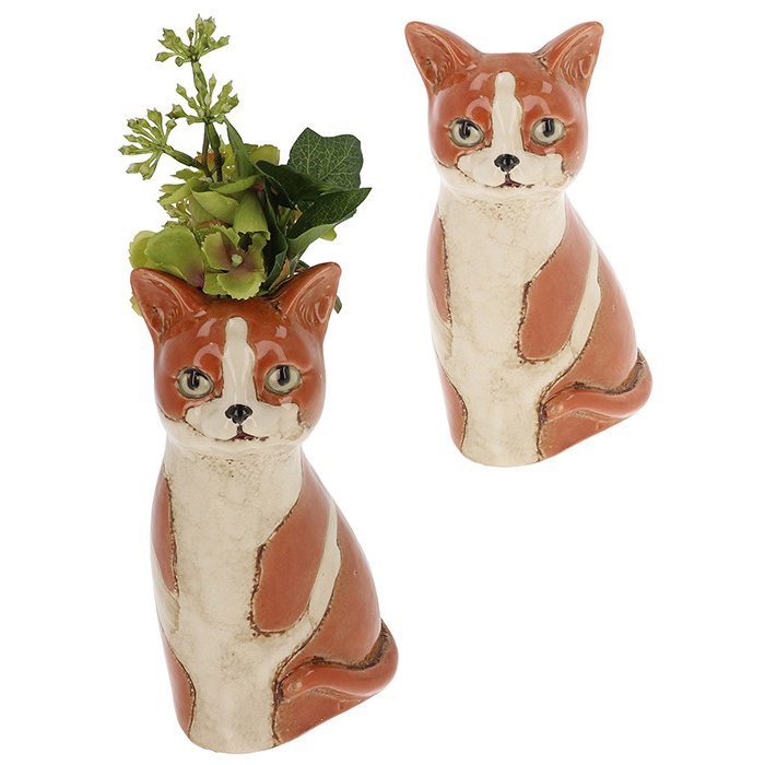 Shudehill Village Pottery Top Cat Ginger Tom Vase With and without plants