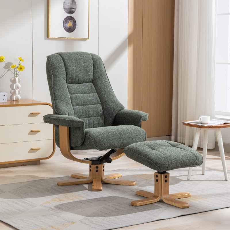 Sardinia Fern Fabric Chair And Stool Set angled lifestyle image of the chair and stool