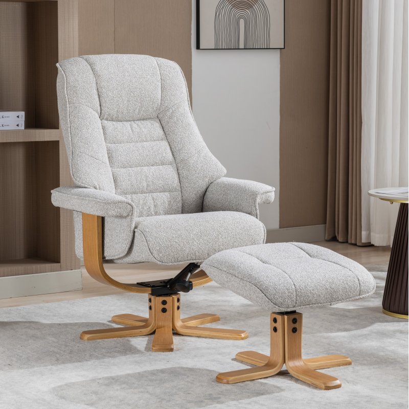Sardinia Greige Fabric Chair And Stool Set angled lifestyle image of the chair and stool