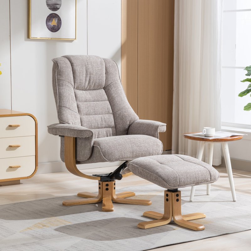 Sardinia Oat Fabric Chair And Stool Set angled lifestyle image of the chair and stool