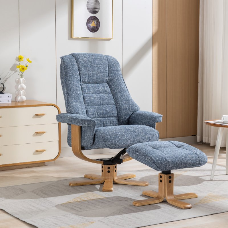 Sardinia Ocean Fabric Chair And Stool Set angled lifestyle image of the chair and stool
