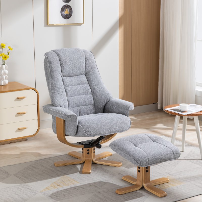 Aldiss Own Sardinia Swivel Recliner Chair & Stool in Dove Fabric
