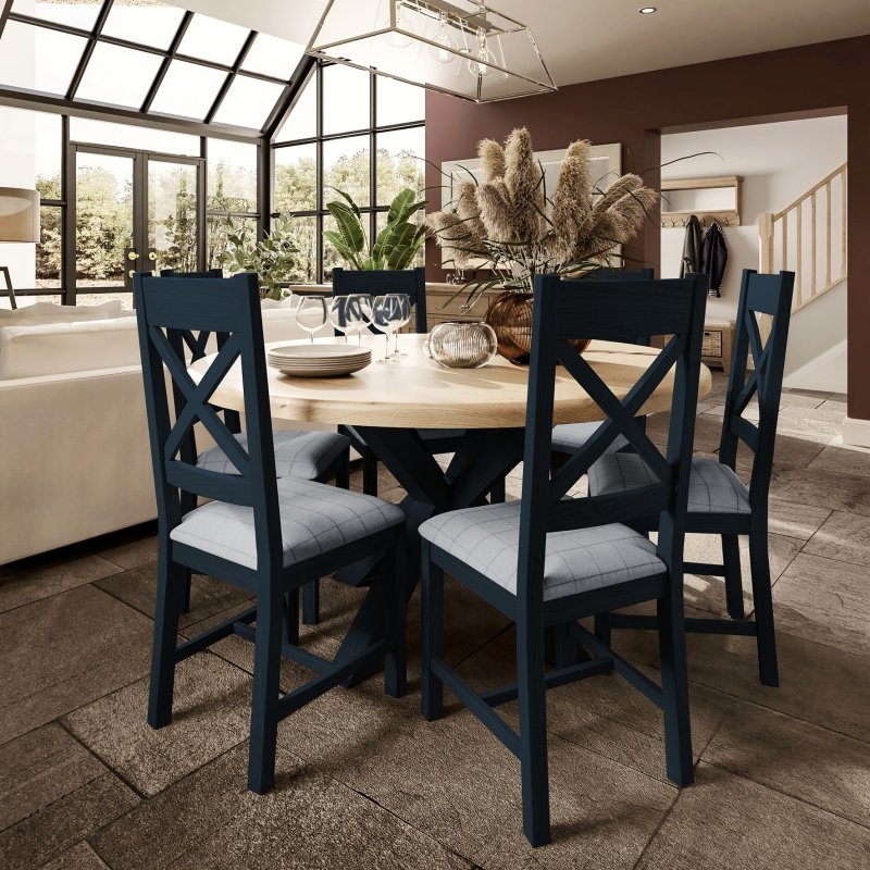 Aldiss Own Heritage Editions Blue 1.5m Round Dining Table with 4 Upholstered Dining Chairs