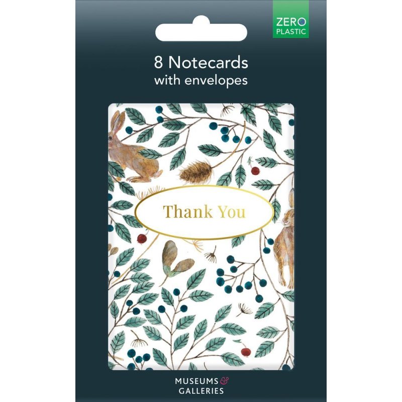 Hares And Berries Pack Of 8 Thank You Notecards in packaging