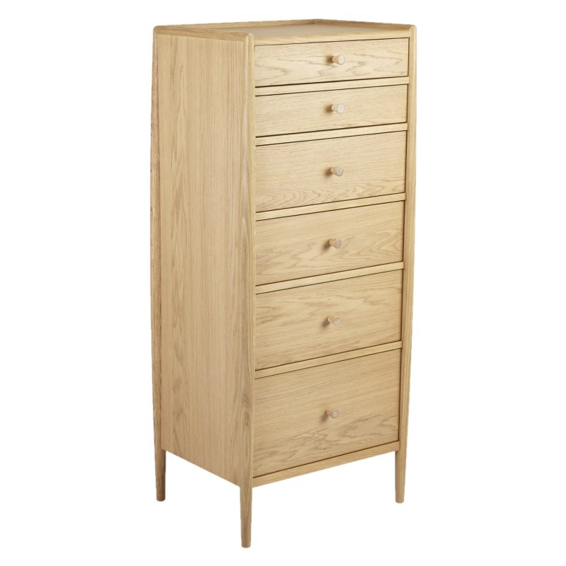 Ercol Winslow 6 Drawer Tall Chest angled image of the chest of drawers on a white background