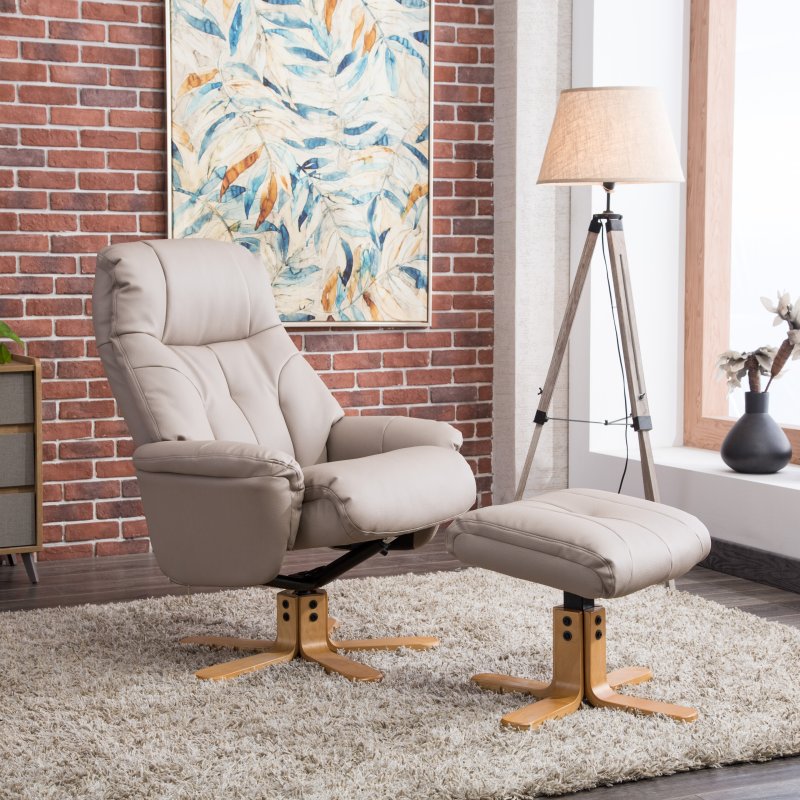 Aldiss Own Dubai Swivel Recliner Chair & Stool in Plush Pebble
