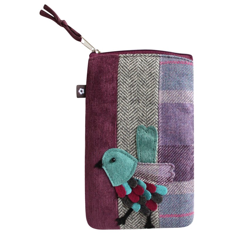 Earth Squared Tweed Applique Glasses Case Bird Carberry Purple